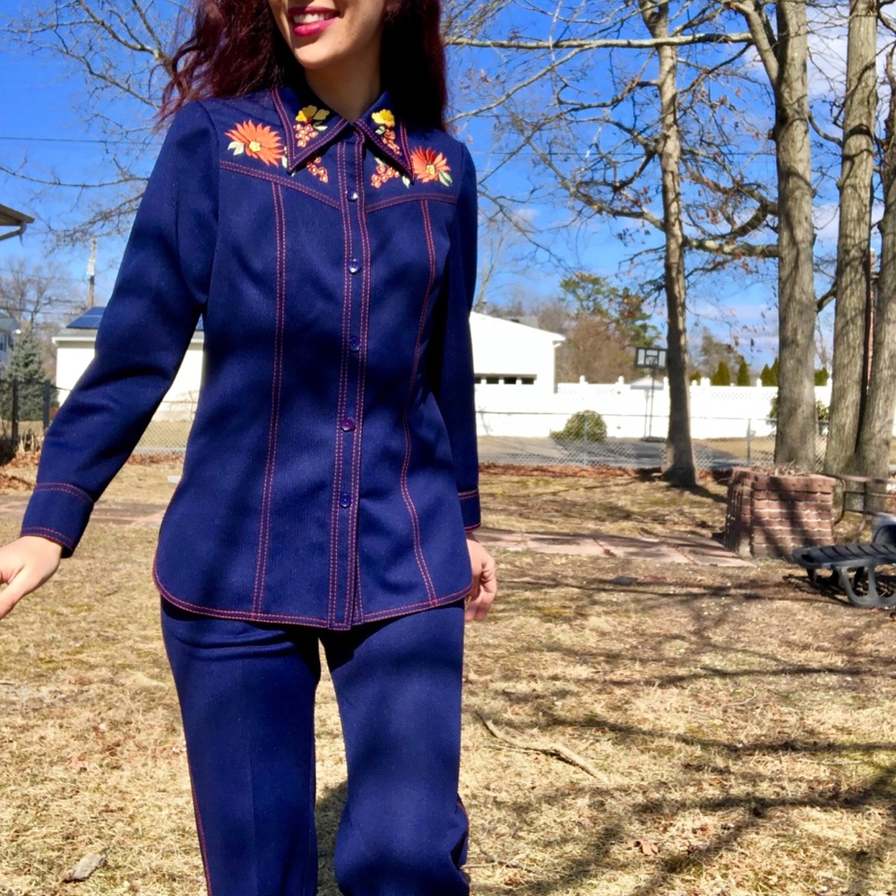 Vintage Seventies Pantsuit Embroidered 70s Top